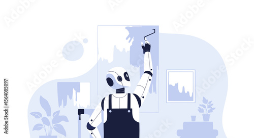 Robotic Painter Applying New Color Coat To Wall Inside Home Renovation Future