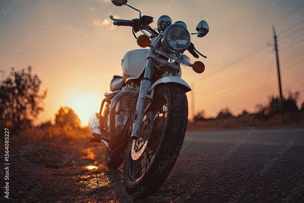 Naklejka premium A classic white motorcycle sits on a rural road at sunset, the sun glowing behind it, casting a warm light