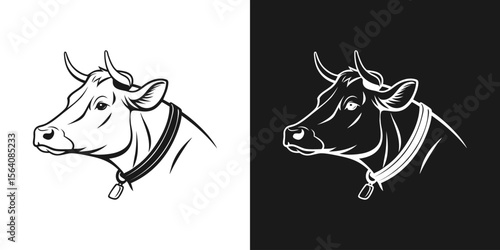 Cow logo. Bull logo. Cow head illustration. Cow with the bell. Milk and farming concept. Vector