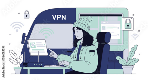 Secure Connection In Mobile Van Using VPN For Traveling Lifestyle Concept
