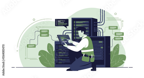 Server Room Engineer Performing System Maintenance with Laptop And Data Visualization
