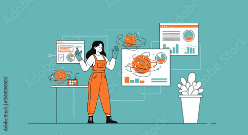 Woman Analyzes Data Visualizations With Graphical Charts And Connected Information