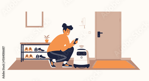 Woman Controlling Home Robot Assistant With Mobile App At Home Interior