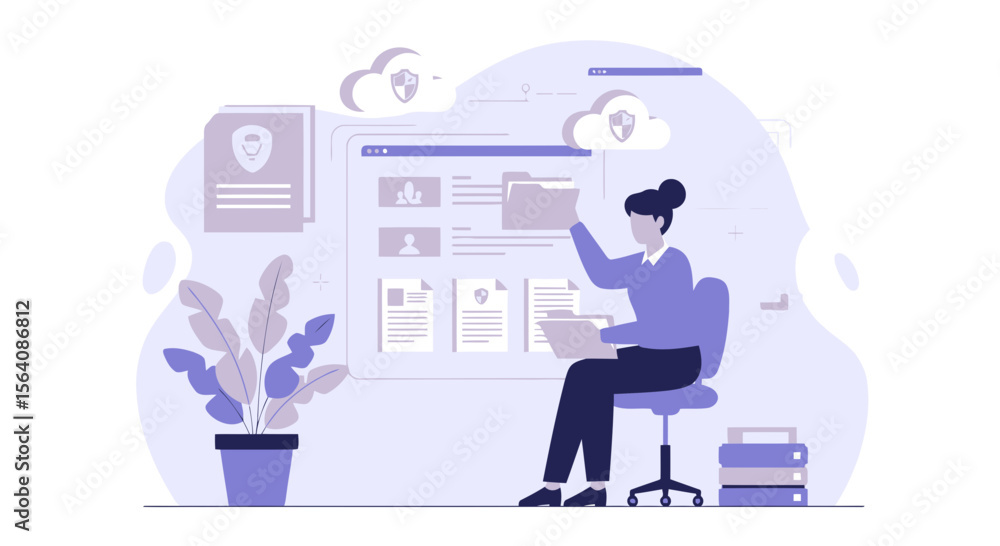 Woman Manages Secure Cloud Data And Documents At Workplace In The Office Woman Manages Secure Cloud Data And Documents At Workplace In The Office