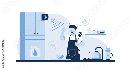 Worried Man In Kitchen Triggered By Smart Smoke Detector Device