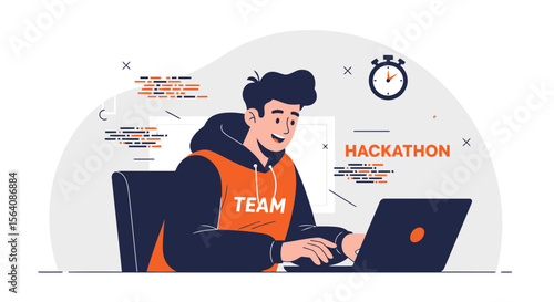 Young Developer Participating In Online Hackathon Competition Using Laptop Illustration