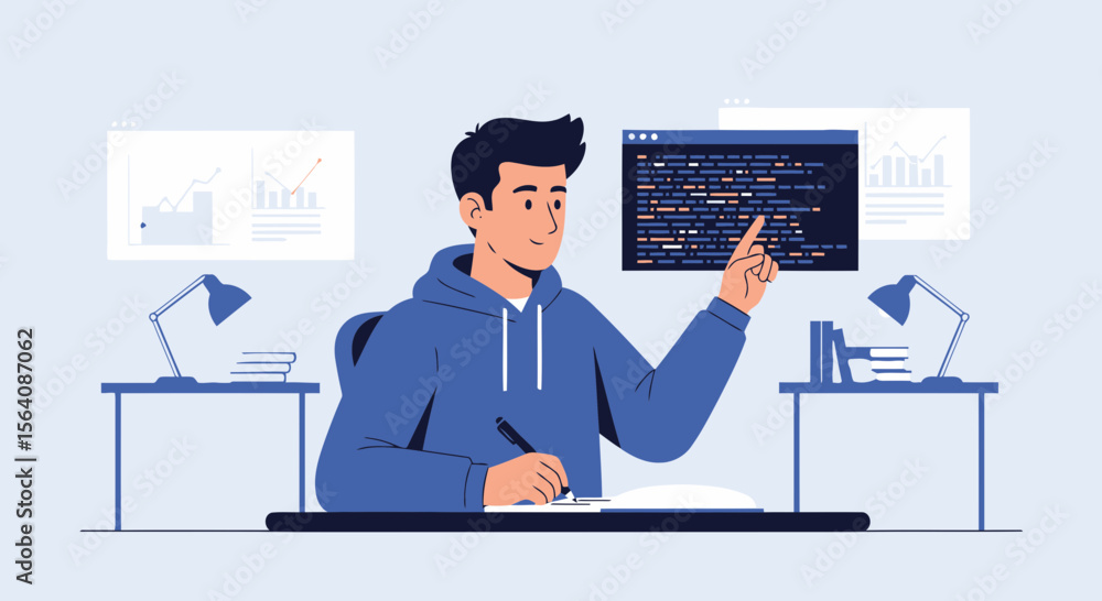 Young Man Developing Software Pointing at Code and Taking Notes in a Bright Room Young Man Developing Software Pointing at Code and Taking Notes in a Bright Room