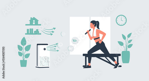 Woman Workout At Home While Air Purifier Cleanses And Refreshes The Air Quality