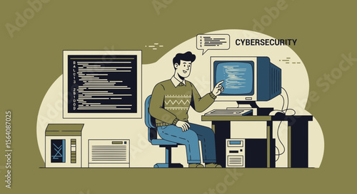 Young Man Works With Code And Cybersecurity At A Retro Computer Station