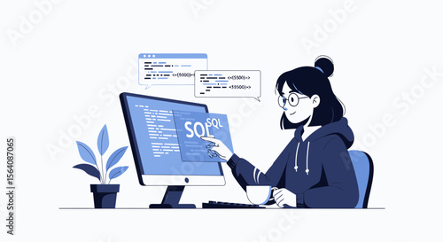 Young Woman Developing Software Code At Computer And Enjoying Coffee Break