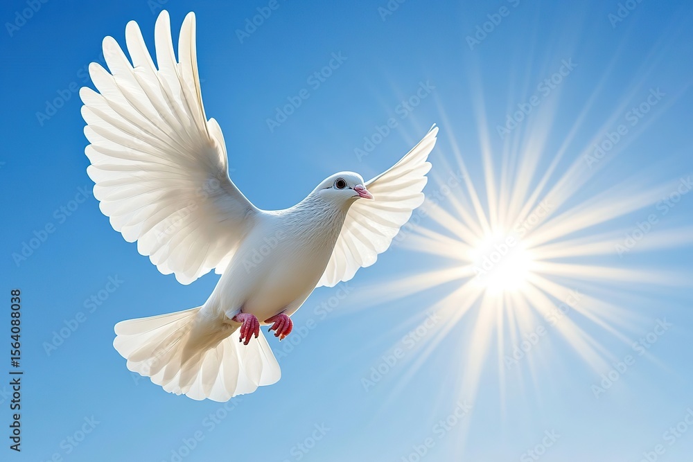 Fototapeta premium White dove flying in sky with sun rays