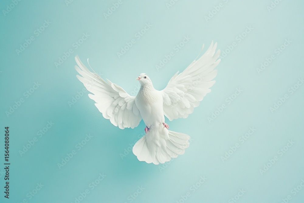 Fototapeta premium White dove with outstretched wings on blue background