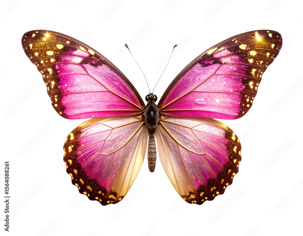 Obraz premium Whimsical Pink and Gold Glitter Butterfly with Outstretched Wings, Isolated on White 