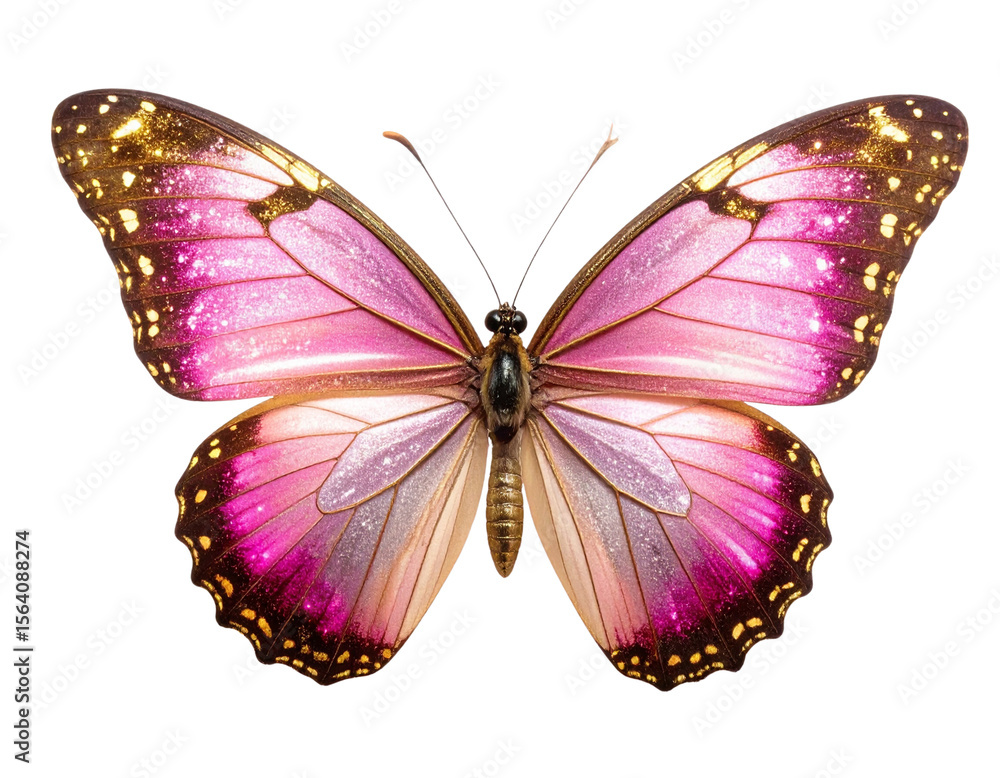 Fototapeta premium Whimsical Pink and Gold Glitter Butterfly with Outstretched Wings, Isolated on White 