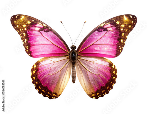 Whimsical Pink and Gold Glitter Butterfly with Outstretched Wings, Isolated on White 