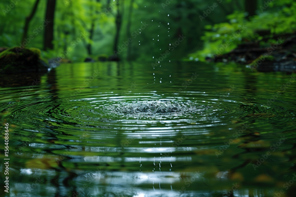 Fototapeta premium Ripples form on tranquil forest pond as raindrops fall during a peaceful afternoon