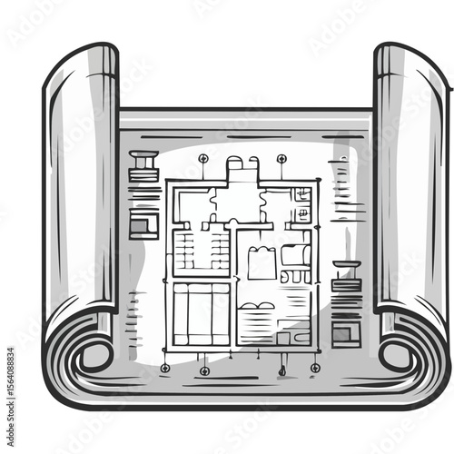 Architectural blueprint sketch on scroll paper housing project floor plan diagram for construction and engineering layout design technical drawing