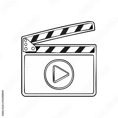 Isolated clapperboard illustration for filmmaking projects with black and white lines and video play symbol for movie, production, showreel, cinema, and digital media