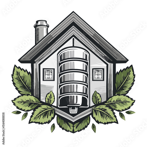 Home Brewing House with Tank and Leaves Ornamental Design in Grayscale