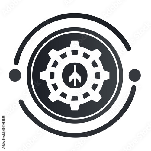 Aircraft Gear Icon in Circle - White Airplane in Cogwheel Frame, Modern Flat Design on Dark Background
