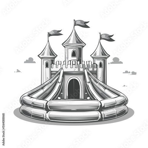 Illustration of inflatable castle with slides for children's parties and outdoor amusement. Fun playground attraction with flags, towers and clouds in gray color.