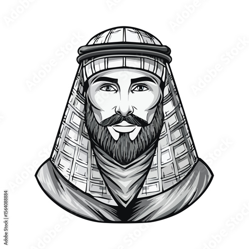 Portrait of a Middle Eastern man with beard wearing traditional keffiyeh headdress in black and white monochrome drawing style
