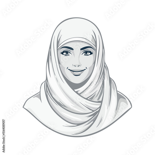 Illustration of woman wearing a hijab. Smiling muslim woman in traditional islamic headscarf. Middle eastern culture and religious tradition. Digital art.