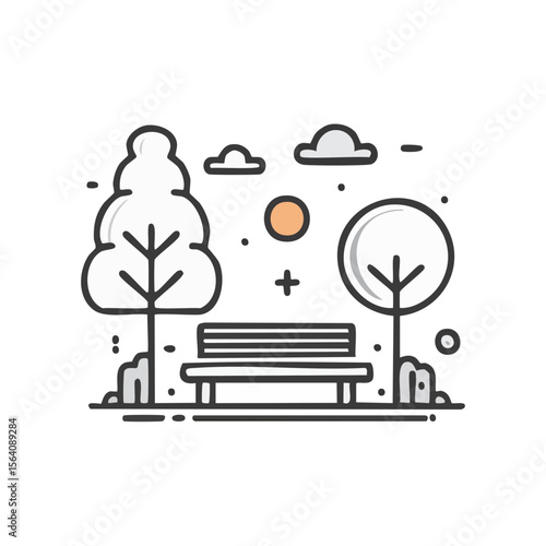 Stylized night park scene with trees park bench moon and clouds in vector art minimal art