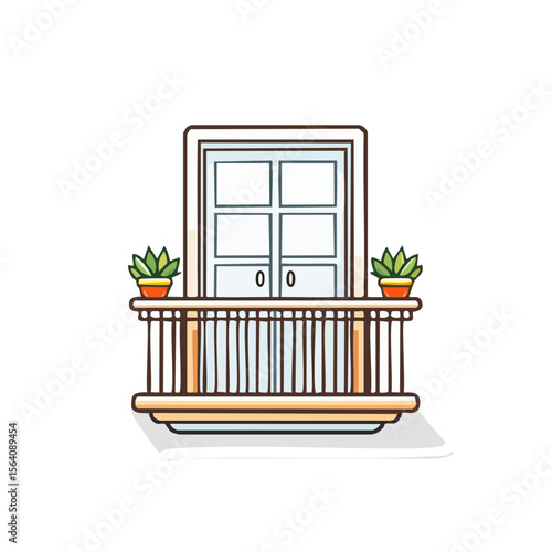White Window on Railing With Potted Plants, Building Exterior Illustration