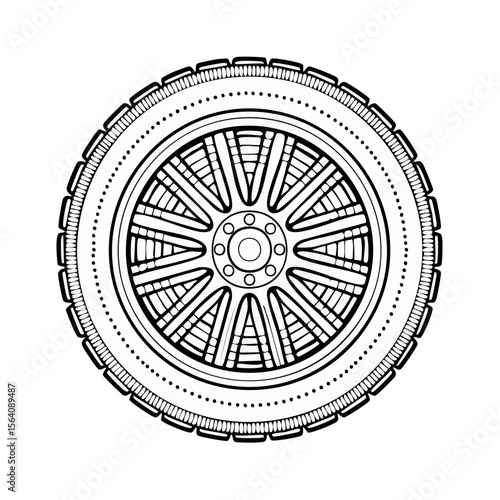 Detailed car wheel vector illustration with intricate rim design for automotive or transportation themed projects and technical drawings
