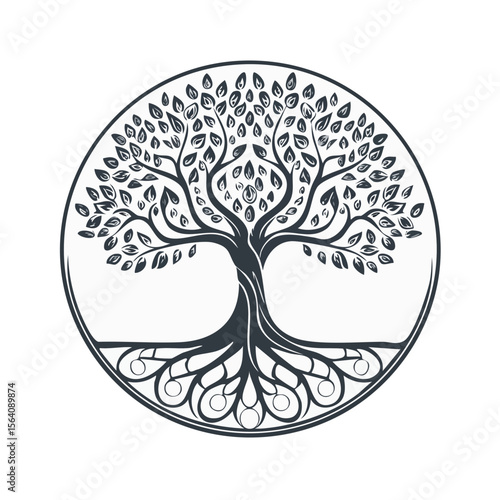 Tree of Life Illustration with Roots and Branches in a Circle Frame Symbol