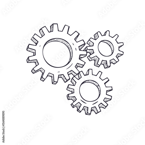 Hand drawn gears concept on black backdrop symbolizing movement mechanics and engineering. Represents teamwork process and system operations.