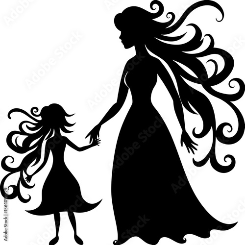 Mother and daughter holding hands silhouette vector illustration
