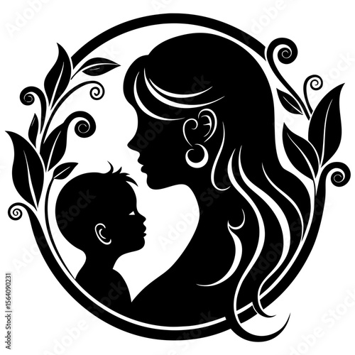 Mother and child floral frame decorative silhouette vector illustration