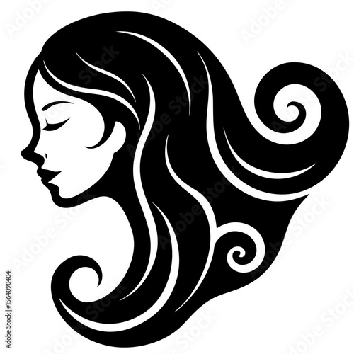 Woman face in profile with long curly hair silhouette vector illustration