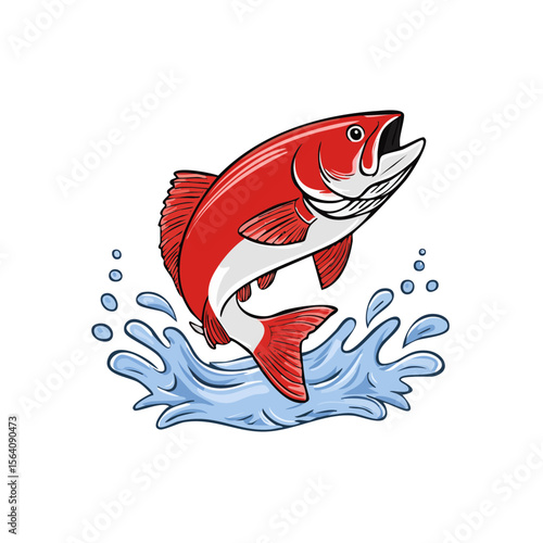 Red fish jumping out of water illustration style for posters and flyers with waves on isolated black background sports fishing