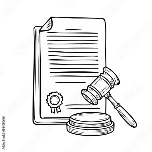 Hand Drawn Legal Document with Gavel and Coins Depicts Justice or Settlement Agreement Concepts