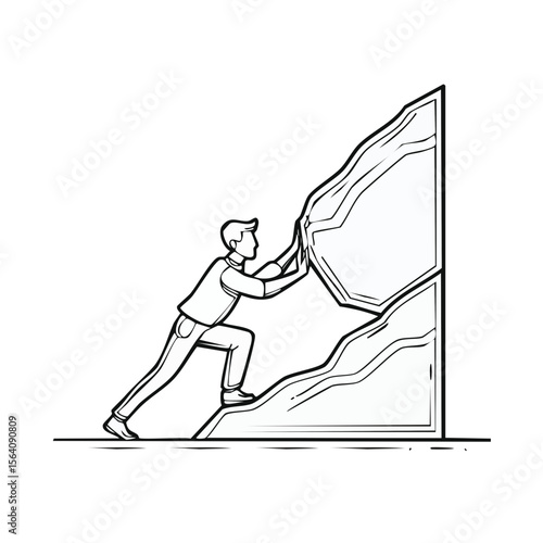 Man pushing a big rock up a mountain in outline style on a black background symbolizes effort and success.