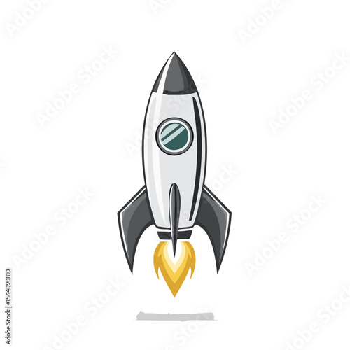 Cartoon Rocket Launching with Flame on Black Background. Space Exploration and Startup Concept.  Imaginary Spaceship with Smoke Trail