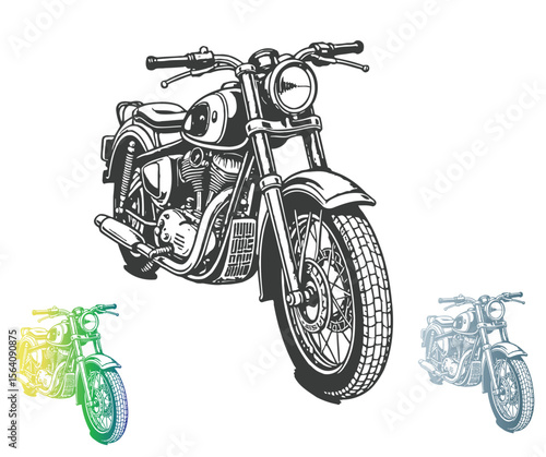 Classic Motorcycle Illustration with Two Color Variations on a White Background