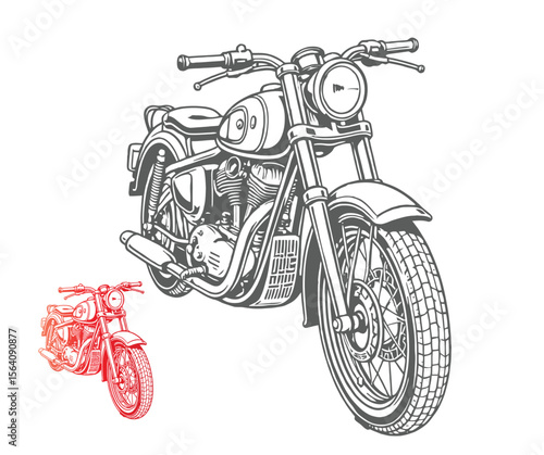 Vintage Motorcycle Illustration with Detailed Line Work and Red Accent Image