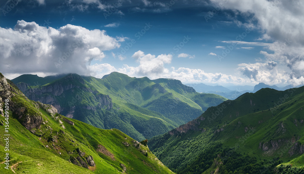 breathtaking view of green mountains under a blue sky with fluffy clouds in the background during a sunny day breathtaking view of green mountains under a blue sky with fluffy clouds in the background during a sunny day