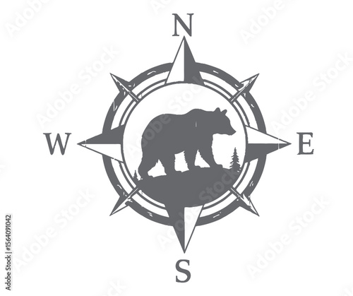Bear Silhouette within a Compass Rose Design with Trees and Directionals