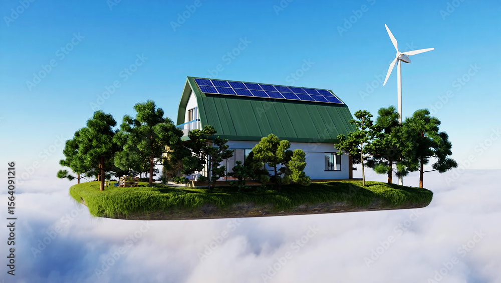 Obraz premium Green roof house with solar panels and wind turbine on floating island image