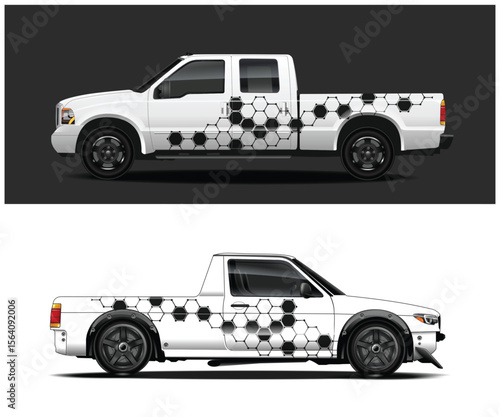 Two White Pickup Trucks with Hexagon Decals in Different Styles