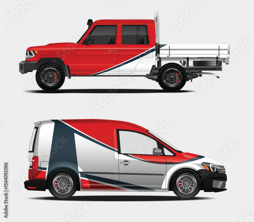 Two Vehicles with Matching Red White and Gray Graphics on a Light Background