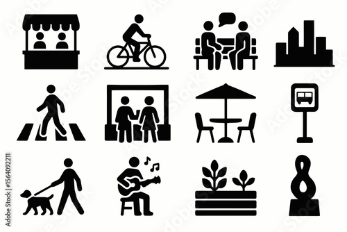 Black icons on white background for real urban life. Minimal vector for street culture.