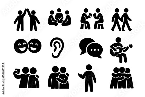 12 black friendship icons on white. Vector for authentic connection and relaxed moments.
