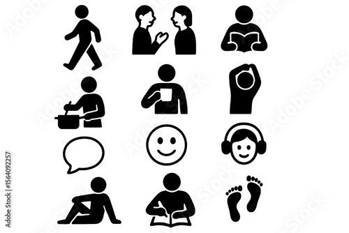 12 black authentic lifestyle icons on white. Vector for daily moments and casual living.