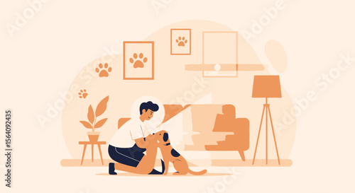 Affectionate Man Interacting With Dog In Domestic Setting Featuring Paw Prints Artwork
